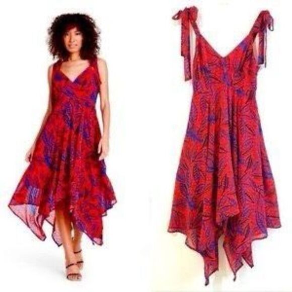 ALEXIS for TARGET | red & blue lightweight v neck maxi tropical leaf tie summer - Picture 3 of 15